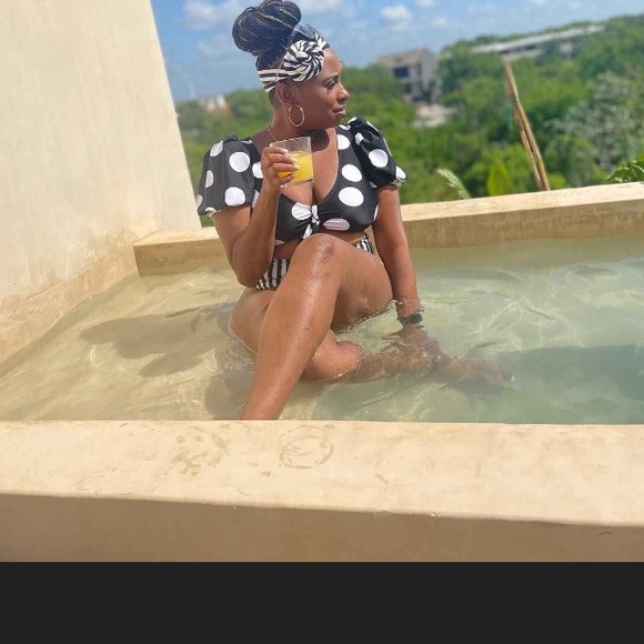 Striped Dot Print Puff Sleeve Tie Front One Piece Swimsuit Tabitha Brown NWT - Picture 10 of 16